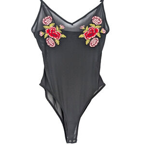 VTG Y2K Sheer Dark Fairy Whimsigoth Black Floral Embroidered Rose Cami Bodysuit‎